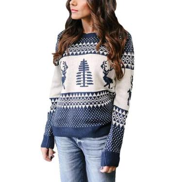 Imagem de Suéter de Natal EXLURA Reindeer Pattern azul para mulheres