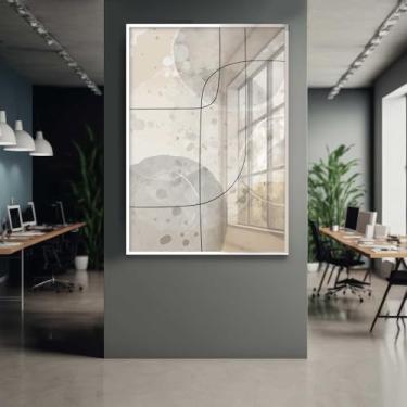 Imagem de Quadro Decorativo com Moldura e Acrilico Cristal Vidro Abstrato linhas Bege Cinza Marrom Sala Quarto Hall