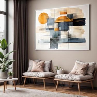 Imagem de Quadro com Moldura e Acrilico Cristal Vidro Sala Quarto Abstrato Laranja e Azul Ilustração bege Decorativo Horizontal Grande Hall