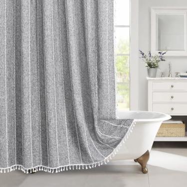Imagem de MitoVilla Cortina de chuveiro Boho extralonga 72 x 96, Dark Grey Modern Farmhouse 243.8 cm XL Poliéster Linho Textura Borla Conjunto de Cortina de Chuveiro com Ganchos para Decoração de Banheiro
