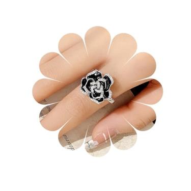 Imagem de LadayPoa Anéis femininos de flor de rosa preta elegantes esmaltados com zircônia cúbica CZ alianças de noivado floral joias de dedo de casamento BFF, Metal, Zircônia cúbica