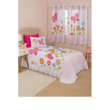 Imagem de Kit Cortina 2 Metros + Colcha Cobre Leite Infantil 07 Peças Para Quarto (JARDIM ENCANTADO)