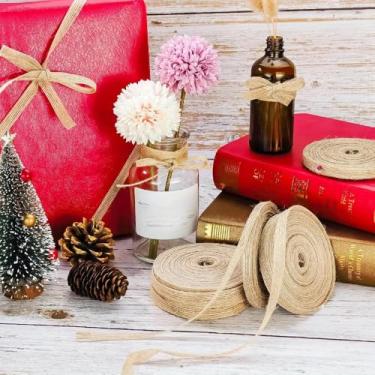 Imagem de 1 rolo de tecido de serapilheira natural com fita de 10 metros de comprimento x 1 cm de largura, para embrulho de presente de árvore de Natal, casamento, festa, decoração de casa, artesanato e laços