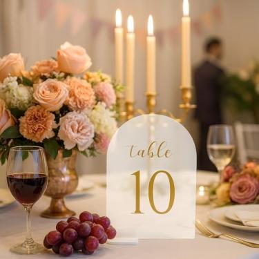 Imagem de Placas acrílicas para mesa de casamento, 12 x 17 cm, arco de festa, números 1-15 com fonte dourada (número 10)