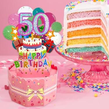 Imagem de Torre de bolo rosa 3D Pop Up Happy Birthday 50 Idades Caixa balão surpresa com envelope