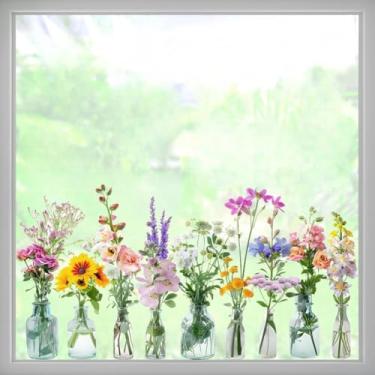 Imagem de Decalques de janela de flores grandes 60 cm x 30 cm florais em frascos adesivos de vidro adesivos de película adesiva película silhueta sala de estar quarto casa decoração de vidro