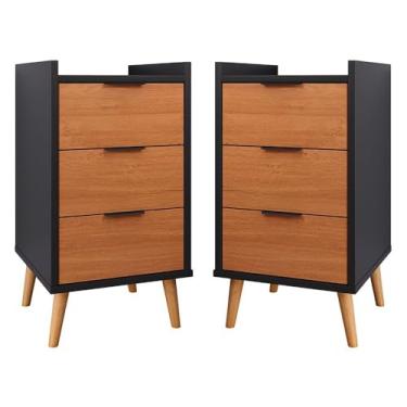 Imagem de Kit Com 2 Mesas De Cabeceira Quarto Estilo Retrô Mesa Lateral Decorativa Toni 3 Gavetas GB Plus Cor:Preto Com Nature