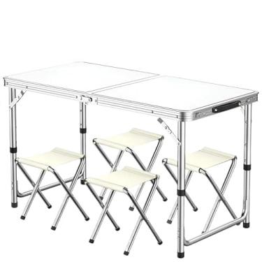 Imagem de Mesa Dobrável Maleta Alumínio 120 * 60cm E 4 Banqueta Portátil mall inline1,20m Vira Com Alça Resistente Oferta(Branco +4 Bancos(120x60))