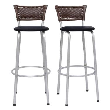 Imagem de Kit 2 Banquetas Alta Junco Argila Estrutura Prata 70cm Para Balcão Ilha Bancada Cozinha Bar Bistrô Americano - Itagold (Assento Preto)