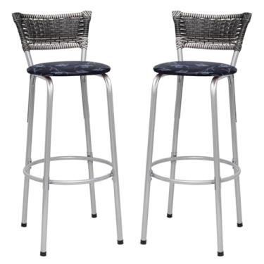 Imagem de Banquetas Junco Degradê Cyber Estrutura Prata Ideal para Bancada Balcão e Cozinha Kit 02 Unidades - Itagold (Assento Floral Preto)