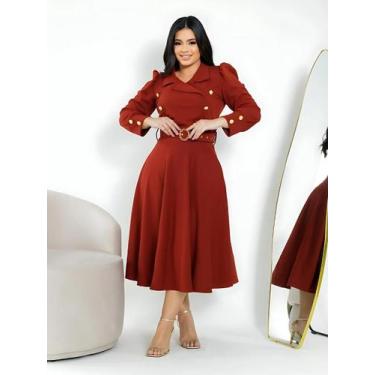 Imagem de Vestido Midi Elegante Manga Longa Social com Cinto Moda Evangélica Fes