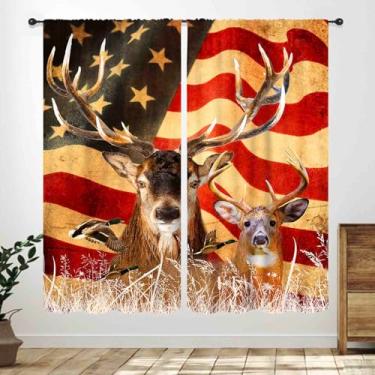 Imagem de Cortinas rústicas de veado, alce de fazenda, bandeira dos EUA, cabana rural, vintage, tema rural, tratamento de janela para quarto, sala de estar, cozinha, cortinas 53 cm L x 114 cm C, conjunto de 2