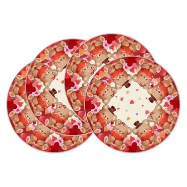 Imagem de XCHI Jogo americano redondo com coração de urso em aquarela para dia dos namorados, conjunto de 4 tapetes de mesa para festa, casa, cozinha, decoração de mesa de jantar, 35 x 35 cm