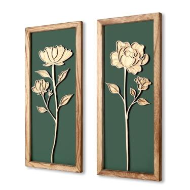 Imagem de Arte de parede verde floral 3D, arte de parede emoldurada boho de madeira para banheiro, quarto, sala de estar, sala de jantar ou escritório, presente de decoração de casa de fazenda verde leve