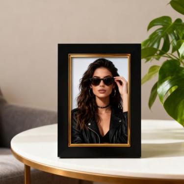 Imagem de Porta-retrato preto 8,5 x 12 cm, moldura decorativa moderna, suporte de mesa ou parede para decoração de escritório em casa