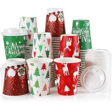 Imagem de Zhehao Pacote com 100 copos de café de papel de Natal de 255 g com tampas, papel descartável, copos de cacau quente, artigos de festa de Natal para café, chá, bebida (gnomos)