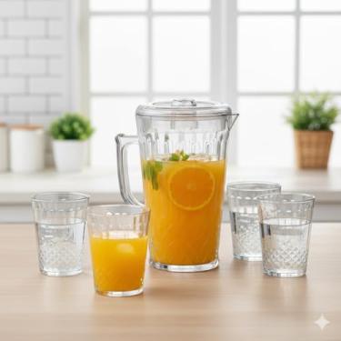 Imagem de Conjunto Jarra com 4 Copos em Acrílico Transparente 2L - Textura Relevo Estilo Cristal - Resistente, Elegante e Leve - Ideal para Suco, Água e Bebidas em Geral