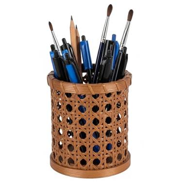 Imagem de JANKINGS Porta-lápis de vime, copo de caneta aberto à mão para mesa, organizador de copos de lápis de tecido marrom, decoração de escritório rústica boho, pacote com 1