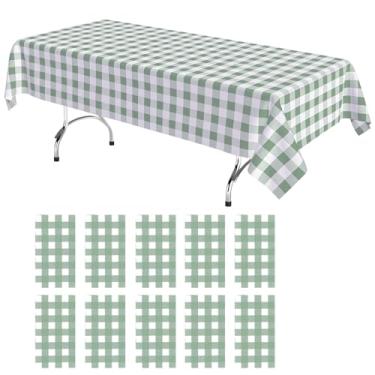Imagem de KAshack 10 toalhas de mesa xadrez verde e branca, toalha de mesa descartável de plástico 137 x 182 cm, toalhas de mesa guingão verde, capa de mesa impermeável para churrasco, festa, aniversário