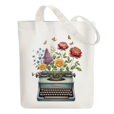 Imagem de ANATTASOUL Bolsa de lona vintage para máquina de escrever e flor reutilizável de algodão para mulheres, bolsas de ombro de tecido durável com bolsos com zíper para compras, férias, trabalho, academia