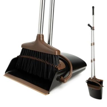 Imagem de XXFLOWER Conjunto de vassoura e pá de lixo, conjunto de pá de lixo leve de cabo longo com vassoura para varredura de casa, cozinha, escritório, preto, marrom