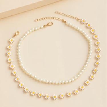 Imagem de Conjunto de colar em camadas de margarida e pérola, gargantilha floral boho para mulheres