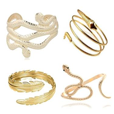 Imagem de PPX 4 peças de pulseira de strass com serpente de olho verde e chique, egípcio, Cleópatra redemoinho, braço de cobra, braçadeira, braçadeira, pulseira aberta dourada