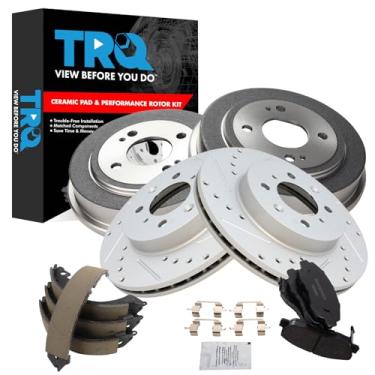 Imagem de TRQ Pastilha de freio dianteiro e traseiro e rotor, kit de sapata e tambor Desempenho de cerâmica revestido com G premium compatível com Honda Civic 1996-2000