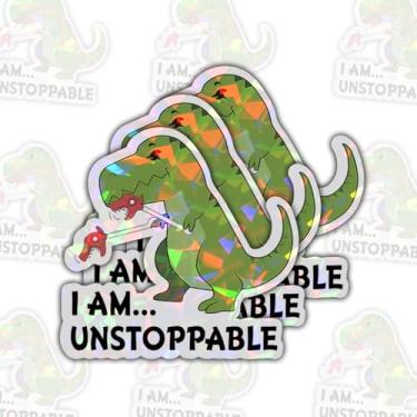 Imagem de Adesivo T-Rex I Am Unstoppable (3 peças) - Decalque de vinil de dinossauro hilário para carros, laptops, caixas de ferramentas e mais - Adesivo engraçado de trocadilho - 7,6 cm (holograma)