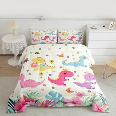 Imagem de Feelyou Jogo de cama fofo de dinossauro, macio, para meninos e meninas, princesa, dinossauro, edredom floral, microfibra, animal selvagem, decoração de quarto, 2 peças com 1 fronha