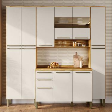 Imagem de Armário de Cozinha com Balcão e Tampo 12 Portas 2 Gavetas Xangai 100% Mdf Vidro Reflecta Amêndoa/Off White - Pnr Móveis