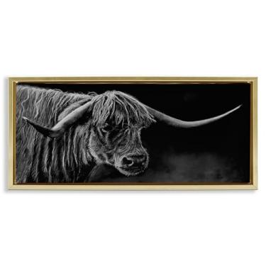 Imagem de Stupell Industries Highland Longhorn Retrato Cinza Emoldurado Tela Flutuante Arte de Parede Design por Patricia Reynolds, 14 x 31
