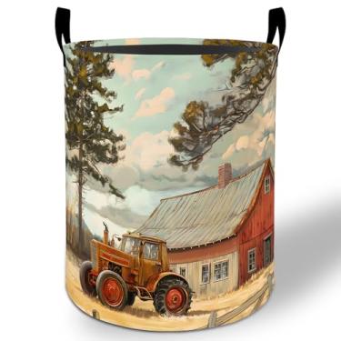 Imagem de Cesto de lavanderia vintage para trator 50 x 40 cm, balde de armazenamento de roupas Oxford dobrável à prova d'água para quarto, banheiro, quarto, berçário, organizador de brinquedos, presentes para