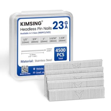 Imagem de KIMSING Pregos sem cabeça de aço inoxidável variados de calibre 23 (1/5.1 cm, 3/10.2 cm, 2.5 cm, 1-3/40.6 cm, 1-3/20.3 cm), pacote múltiplo de pinos para pistola de pregos, 4500 peças