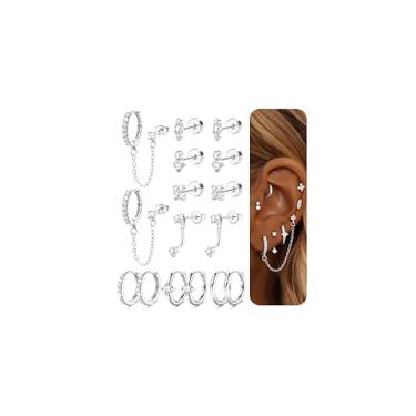 Imagem de Dochais Argola hipoalergênica plana banhada a ouro 14K - Conjunto de brincos de aço inoxidável cirúrgico com corrente de cartilagem - Brincos pequenos de orelha para mulheres na moda, Latão + haste de