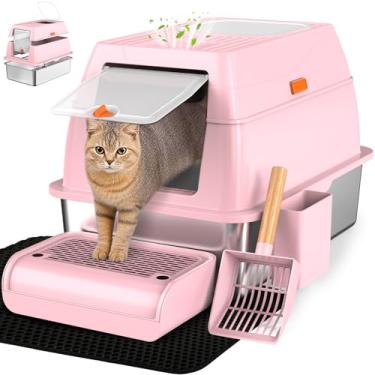 Imagem de Vivifying Caixa de areia de aço inoxidável com tampa, caixa de areia extragrande fechada com entrada frontal XL para gatos grandes e gatinhos, panela de metal para gatos de saída superior com colher