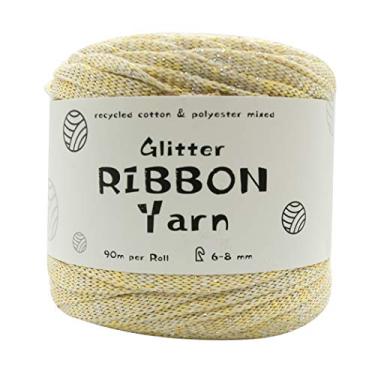 Imagem de Fita de algodão, fio de fita Outgeek multiuso glitter feito à mão fio de crochê para artesanato, Light Yellow