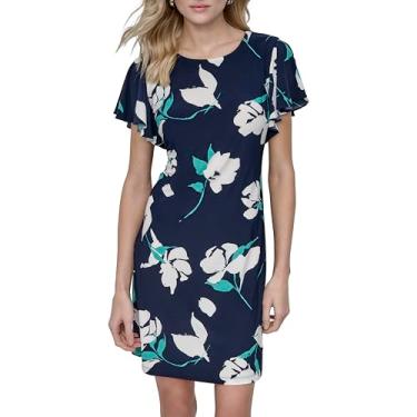 Imagem de DKNY Minivestido feminino estilo túnica com manga curta e gola redonda, Primavera azul marinho/selva multi, 36