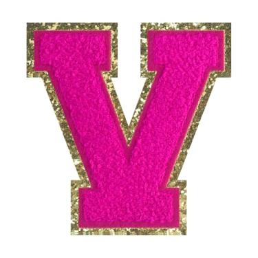 Imagem de 1 PÇ Patch de letra de chenille rosa de 11,4 cm com borda dourada – Remendos do alfabeto para roupas, jaquetas, mochilas, chapéus para decoração personalizada, nome personalizado e artesanato. (V)