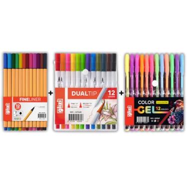 Imagem de Kit Criativo Glizi 36 Canetas, Fineliner 0.4mm 12 Cores, Dual Tip Brush 12 Cores, Colorgel 12 Tons Pastel/Neon (12C (Amarela) + 12 Brush + 12 Gel Neon)