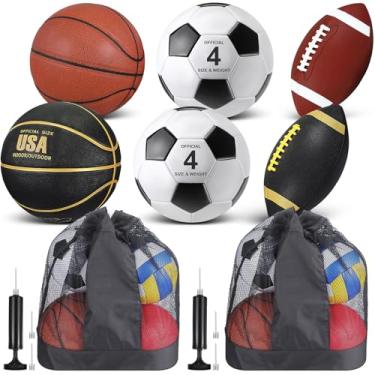 Imagem de Lenwen Conjunto de 6 bolas esportivas para crianças adolescentes, inclui bola de futebol de basquete tamanho oficial com bolsas e bombas de equipamento esportivo para treino de volta às aulas (preto