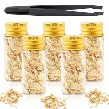 Imagem de 5 frascos de flocos e folhas de ouro, flocos de folha de ouro para resina com pinça aplicadora, flocos metálicos dourados para arte de unhas, artesanato, slime, pintura, fabricação de joias, maquiagem