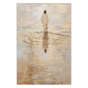 Imagem de NAVIWEEK Pôster vintage Jesus Cristo andando na água I Will Walk With Christ Lds Canvas Wall Art Maritime Sauntering Bible Versículo Impressão Pintura para Casa Quarto Dormitório Decoração de Parede