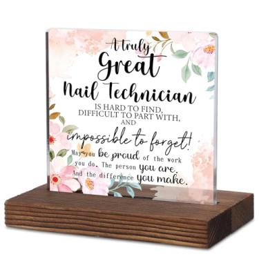 Imagem de Presente de agradecimento técnico de unhas, placa de mesa acrílica com design floral e mensagem de agradecimento, decoração de base de madeira rústica para reconhecimento de manicure, despedida