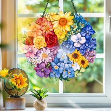 Imagem de Acrílico colorido apanhador de sol, decoração de janela pendurada com flores, arte de parede de arco-íris, para sala de estar, quarto, varanda, interior, exterior, jardim, animais, decoração, 19 x 19