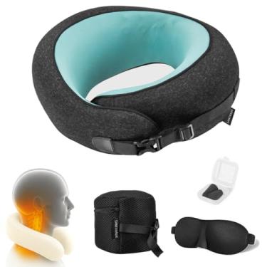 Imagem de Almofada de pescoço de avião atualizada em 2025, almofada de viagem 100% espuma viscoelástica para dormir, suporte ergonômico de pescoço de 360°, alívio da dor para voos longos, acessório de viagem