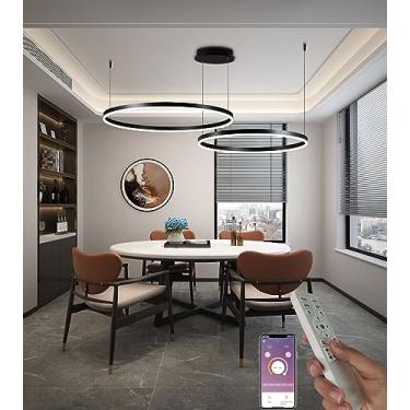 Imagem de Luminária pendente LED para sala de estar, com anel preto, dimerizável, para quarto e sala de jantar, com controle remoto, lustre redondo em acrílico, 2 voltas, Ø40+60cm - 44W