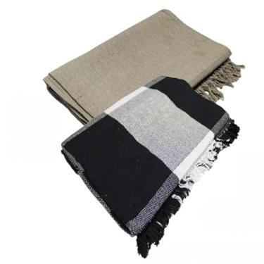 Imagem de Conjunto de mantas extragrandes para sofá (2 peças), dimensões 300 x 180 cm, material de algodão puro, com finalidades decorativas e protetoras. (Areia + Preto c/Cru)