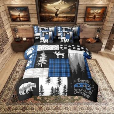 Imagem de Erosebridal Conjunto de cama casal rústico com urso, cabana de caça, veado, casa de fazenda, com lençóis, azul, preto, xadrez, patchwork, para trailer, acampamento, trailer, trailer
