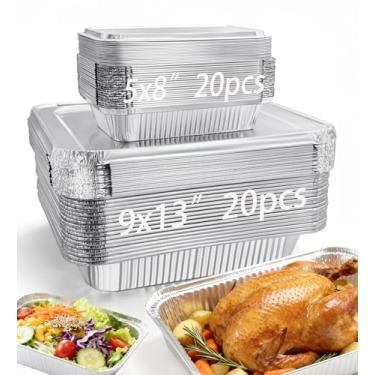 Imagem de Notwoe Conjunto de 40 formas descartáveis de alumínio com tampas, 20 x 33 cm (20 peças) e 20 x 5,7 cm quadradas (20 peças), assadeira descartável e forma de bolo (pacote com 40 com tampas)